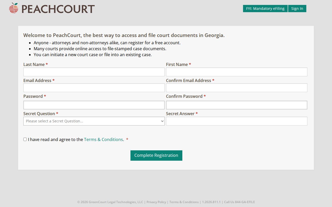 Macon County docket search PeachCourt registration screen