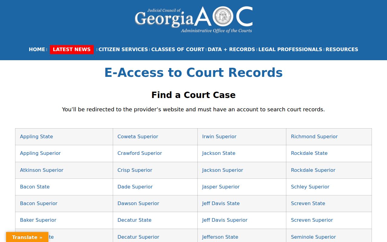 Georgia E-Access directory for the Macon County court docket