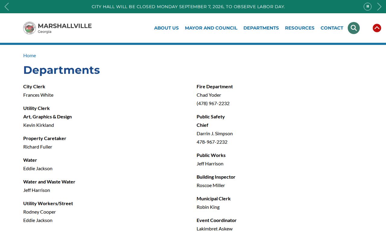 Marshallville court records and official municipal clerk listing